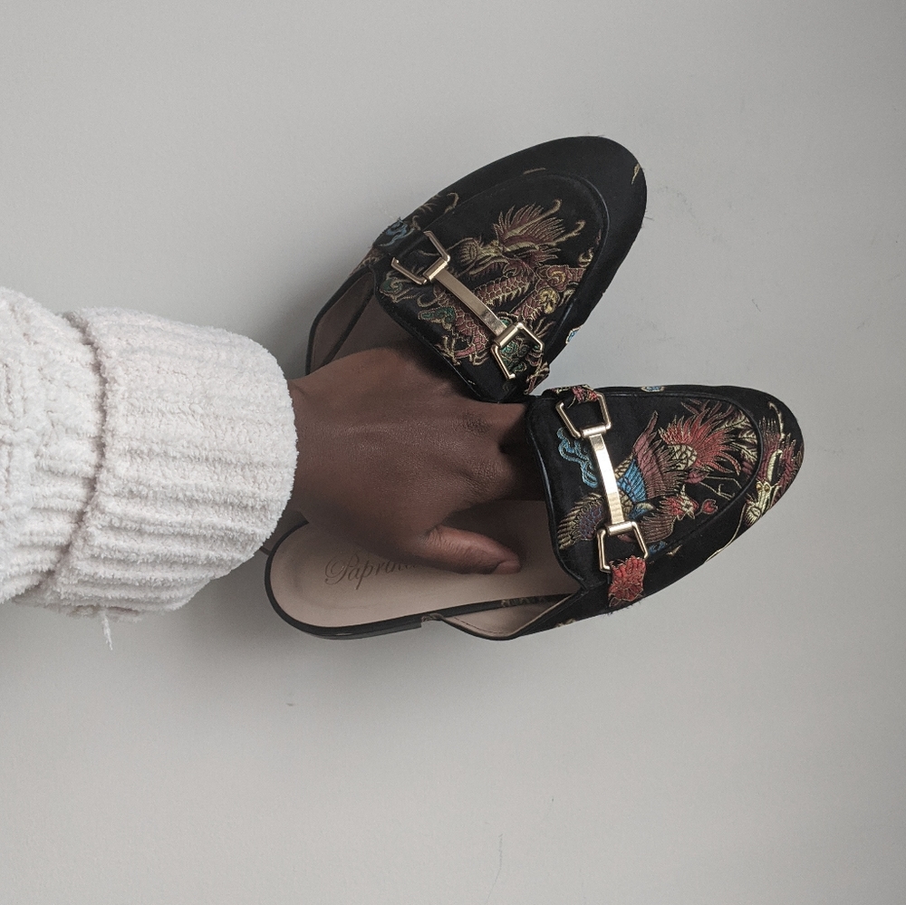 Gold Detail Patterned Embroidered Loafer Slipper Size 6